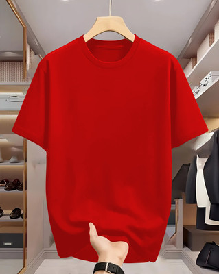 Just Try Solid Men Round Neck Red T-Shirt
