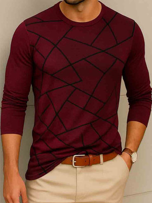 Try This Geometric Print Men Round Neck Maroon T-Shirt