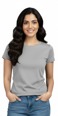 DEHCY Solid Women Round Neck Grey T-Shirt