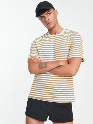 MACK JONNEY Striped Men Round Neck Beige T-Shirt