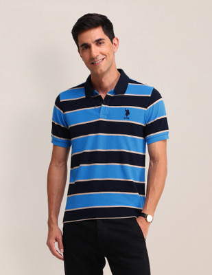 U.S. POLO ASSN. Striped Men Polo Neck Blue T-Shirt