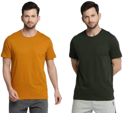 VAN HEUSEN Solid Men Round Neck Yellow, Dark Green T-Shirt