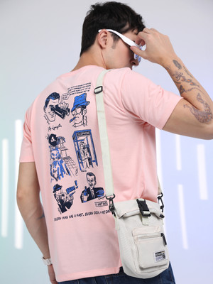 HIGHLANDER Printed, Typography Men Round Neck Pink T-Shirt