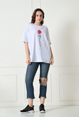 Jhoomantroo Printed Women Round Neck White T-Shirt