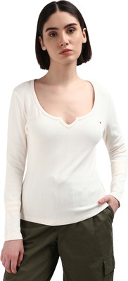 TOMMY HILFIGER Solid Women Square Neck White T-Shirt