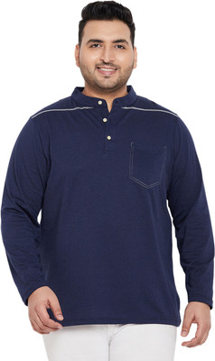 bigbanana Solid Men Henley Neck Navy Blue T-Shirt