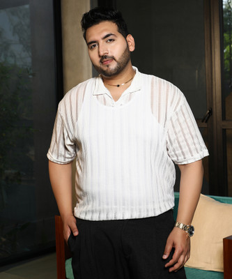 Instafab Plus Striped Men Polo Neck White T-Shirt