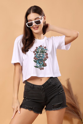 CORSICA Printed Women Round Neck White T-Shirt