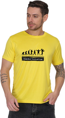 AZAADGARMENT Printed Men Round Neck Yellow T-Shirt