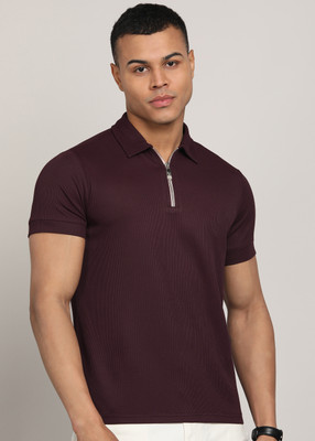 INKKR Solid Men Polo Neck Maroon T-Shirt