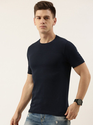 RULEDBYSUN Solid Men Round Neck Navy Blue T-Shirt