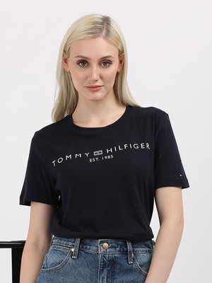 TOMMY HILFIGER Printed Women Round Neck Black T-Shirt