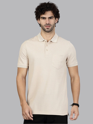 Ramraj Cotton Solid Men Polo Neck Beige T-Shirt