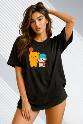 parthcreation Printed Women Round Neck Black T-Shirt