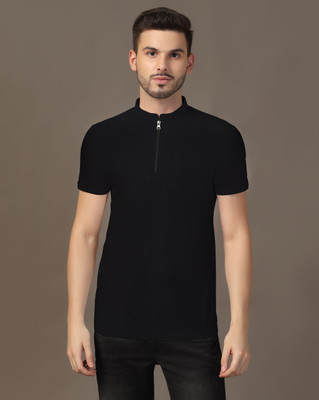GEUM Solid Men Mandarin Collar Black T-Shirt