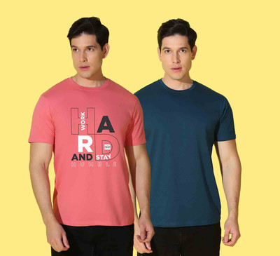 WOOSTRO Typography Men Round Neck Pink, Blue T-Shirt