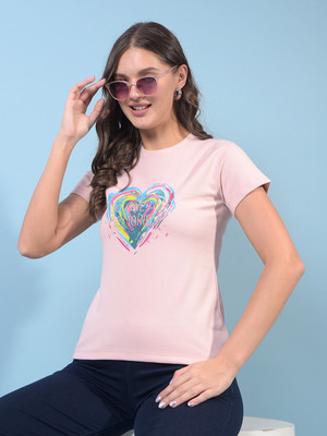 CRIMSOUNE CLUB Printed Women Round Neck Pink T-Shirt
