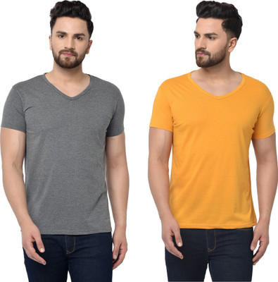 Adorbs Trend Solid Men V Neck Grey, Yellow T-Shirt