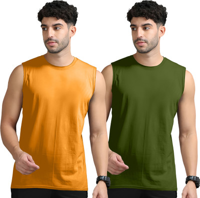 Moordale Solid Men Crew Neck Orange, Dark Green T-Shirt