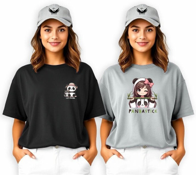 INFIRAX Printed Women Round Neck Black, Grey T-Shirt