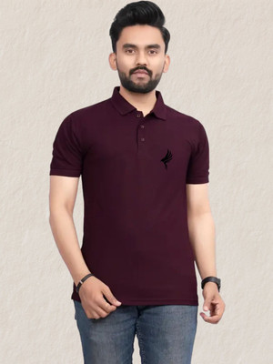 StitchNex Printed Men Polo Neck Maroon T-Shirt