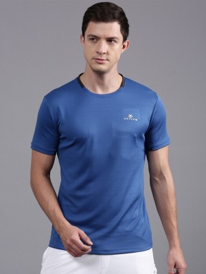 WROGN Solid Men Round Neck Blue T-Shirt