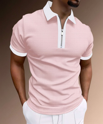 Try This Striped Men Zip Neck Pink T-Shirt