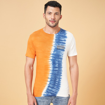 PEOPLE Printed Men Round Neck Orange, Blue, White T-Shirt