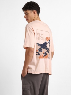 NOBERO Graphic Print Men Crew Neck Pink T-Shirt