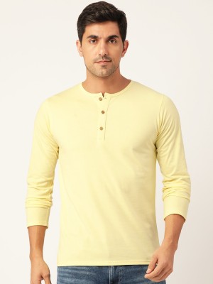 FERANOID Solid Men Henley Neck Yellow T-Shirt