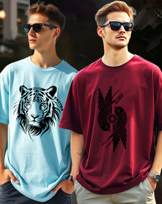 ENITOR Printed Men Round Neck Light Blue, Maroon T-Shirt