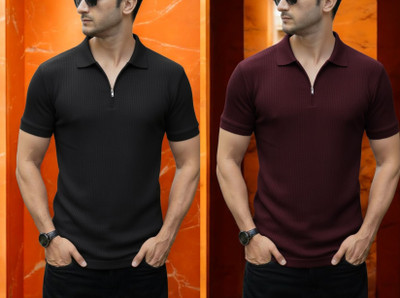 DSV Self Design Men Zip Neck Black, Maroon T-Shirt