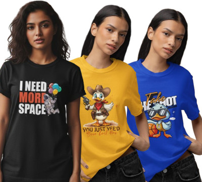 Stylewill Graphic Print Women Round Neck Black, Yellow, Blue T-Shirt