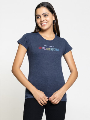 Femea Typography Women Round Neck Blue T-Shirt
