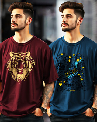 AOOSH Graphic Print Men Round Neck Dark Blue, Maroon T-Shirt