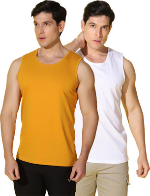 WOOSTRO Solid Men Scoop Neck White, Yellow T-Shirt