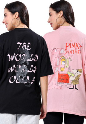 TQH Graphic Print Women Round Neck Black, Pink T-Shirt