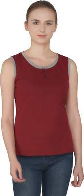 Trendfull Solid Women Henley Neck Maroon T-Shirt