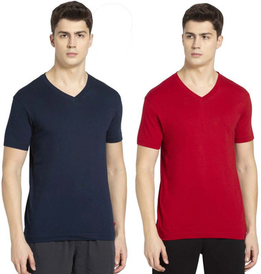 JOCKEY Solid Men V Neck Red, Navy Blue T-Shirt