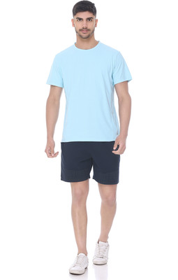 On-Vers Solid Men Round Neck Blue T-Shirt