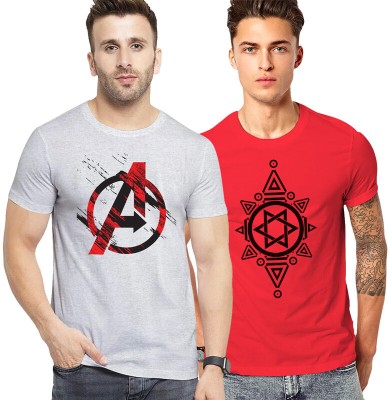 FADMARK Printed Men Round Neck Grey, Red T-Shirt