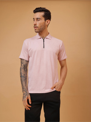 Adokedo Striped Men Polo Neck Pink T-Shirt