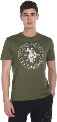 U.S. POLO ASSN. Printed Men Round Neck Dark Green T-Shirt