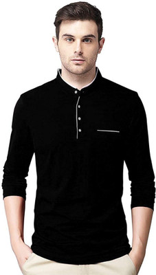 JB Jangoboy Solid Men Mandarin Collar Black T-Shirt