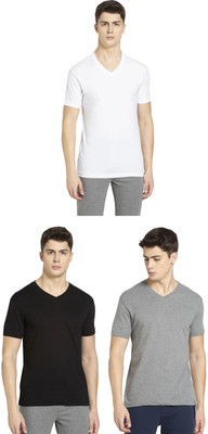 JOCKEY Solid Men V Neck Black, Grey, White T-Shirt