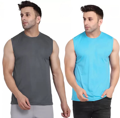 MR THINK Solid Men Round Neck Grey, Light Blue T-Shirt