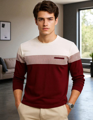 Teezler Colorblock Men Round Neck Maroon, White T-Shirt