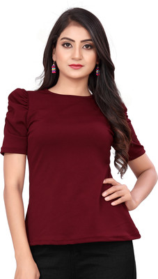 shloky Solid Women Round Neck Maroon T-Shirt