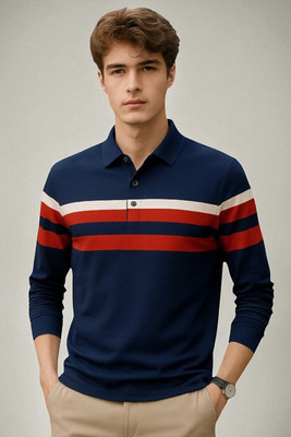 FAOES Colorblock Men Polo Neck Navy Blue T-Shirt