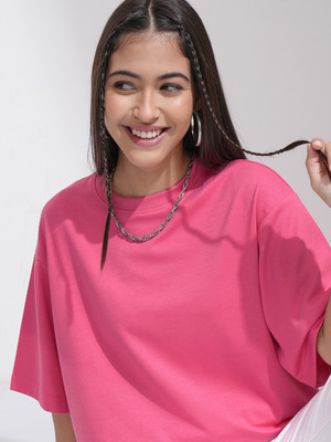 Tokyo Talkies Solid Women Round Neck Pink T-Shirt